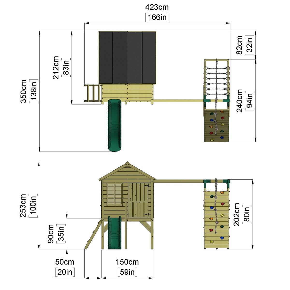 ClassicPlay Premium 5ft Playhouse on Deck with Single Swing, Slide and Climbing Wall