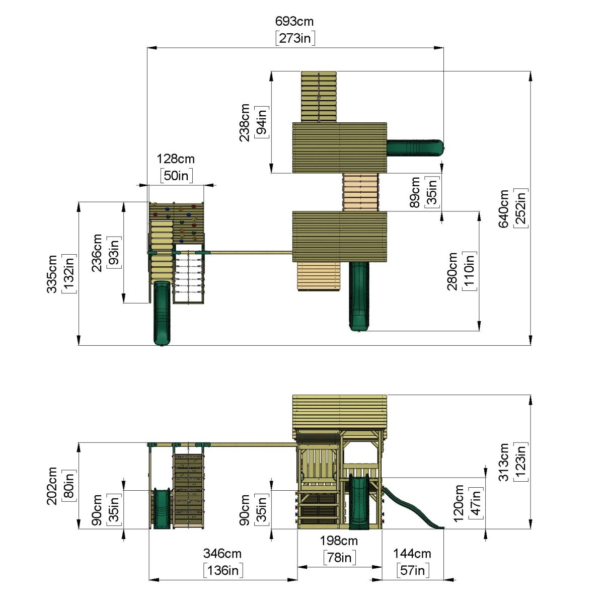 FarmPlay Stable and Mini Loft Climbing Frame with Double Swing, Climbing Wall with Deck, Bridge and Slides