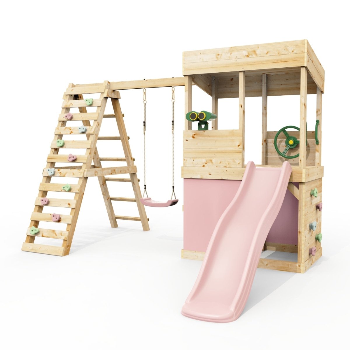 Rebo Lookout Tower with Single Swing, Wave Slide, Climbing Wall, Adventure and Den Packs