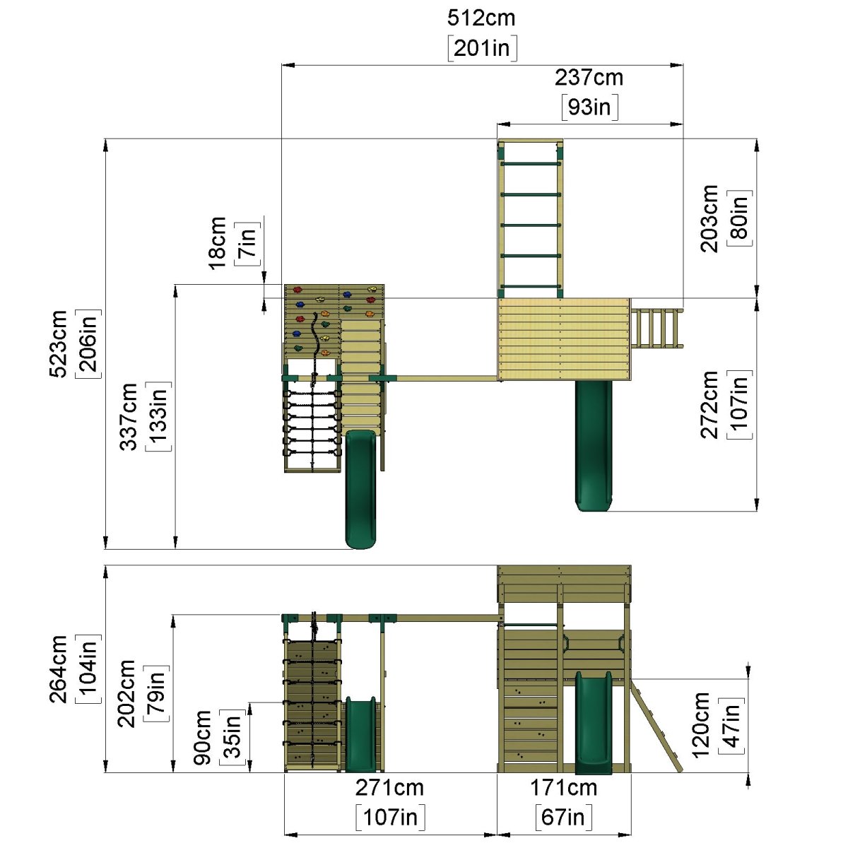 ClassicPlay Outpost XL Lookout Tower with 1.2m Deck, Single Swing, Monkey Bars, Climbing Wall and Slides
