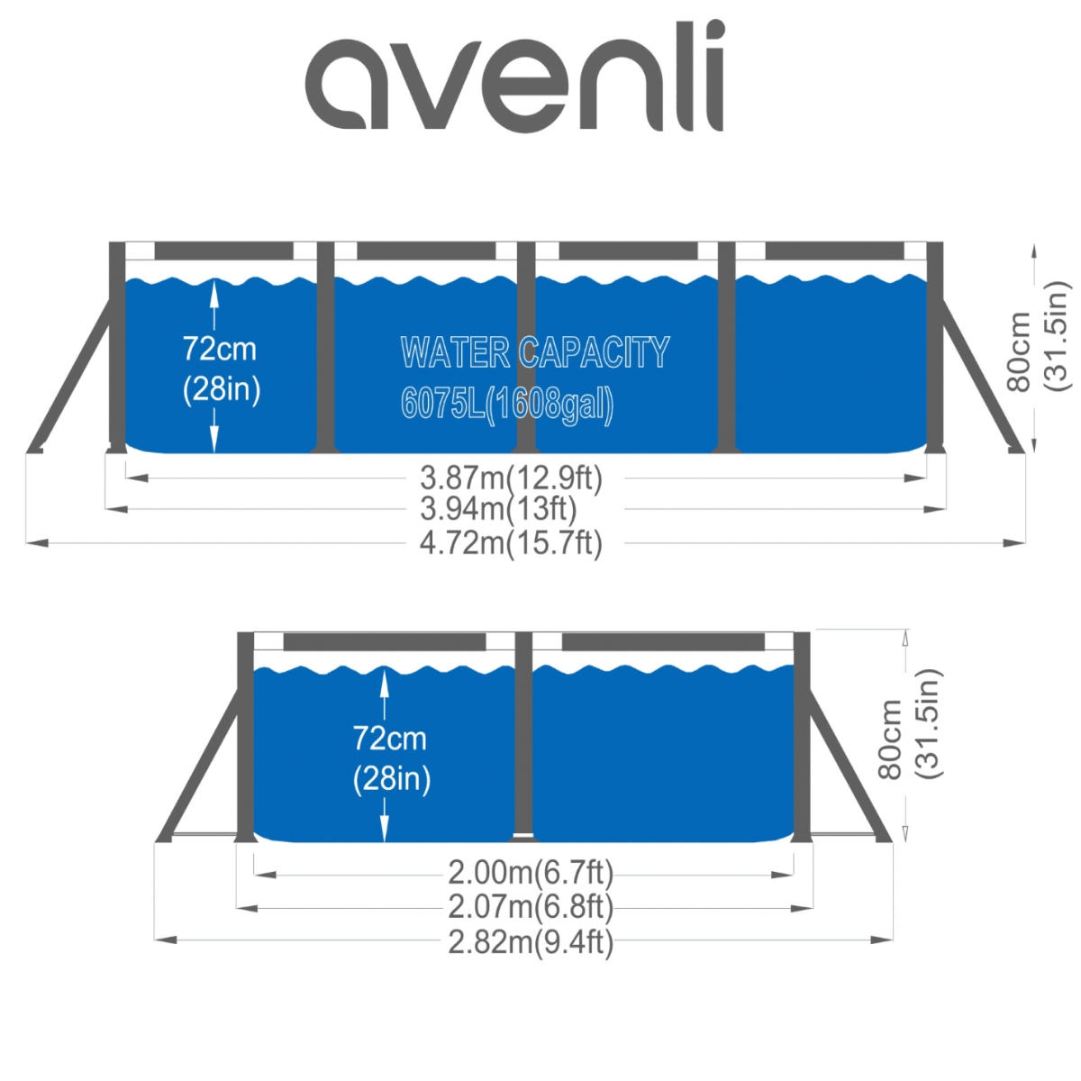 Avenli 13ft x 6.8ft x 26in Rectangular Steel Frame Above Ground Pool
