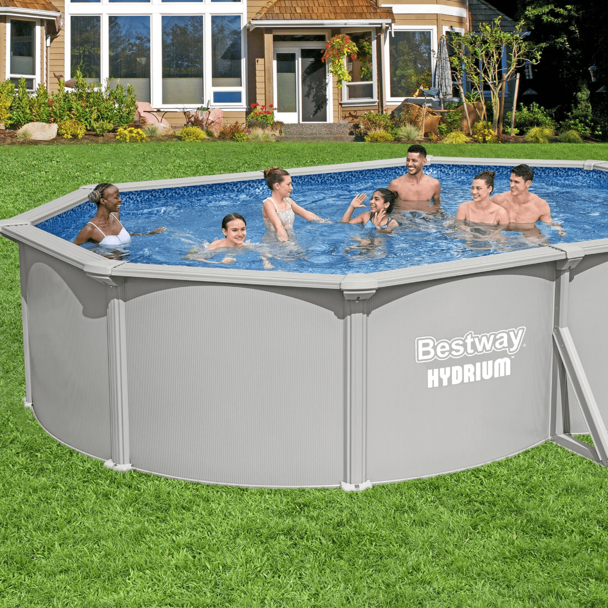 Bestway Hydrium 16 ft x 12 ft x 48 in Oval Steel Above Ground Pool Set
