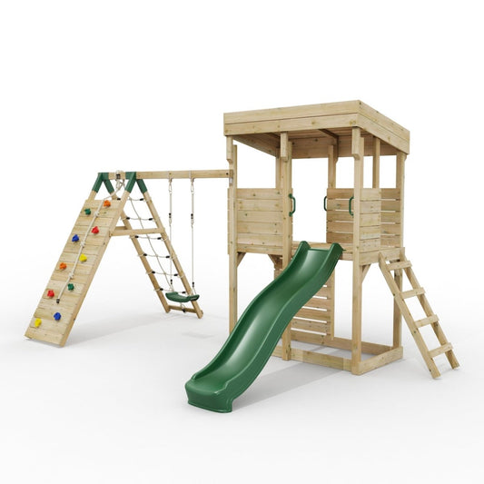 ClassicPlay Outpost XL Lookout Tower with 1.2m Deck, Single Swing, Climbing Wall and Slide