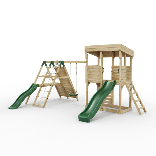 ClassicPlay Outpost XL Lookout Tower with 1.2m Deck, Single Swing, Climbing Wall and Slides