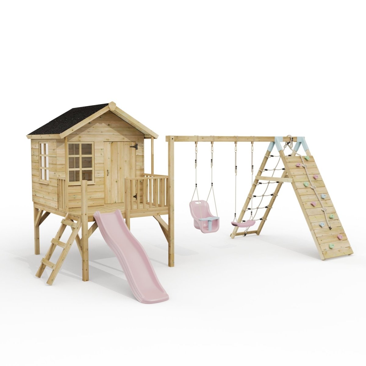 ClassicPlay Premium 5ft Playhouse on Deck with Double Swing, Slide and Climbing Wall