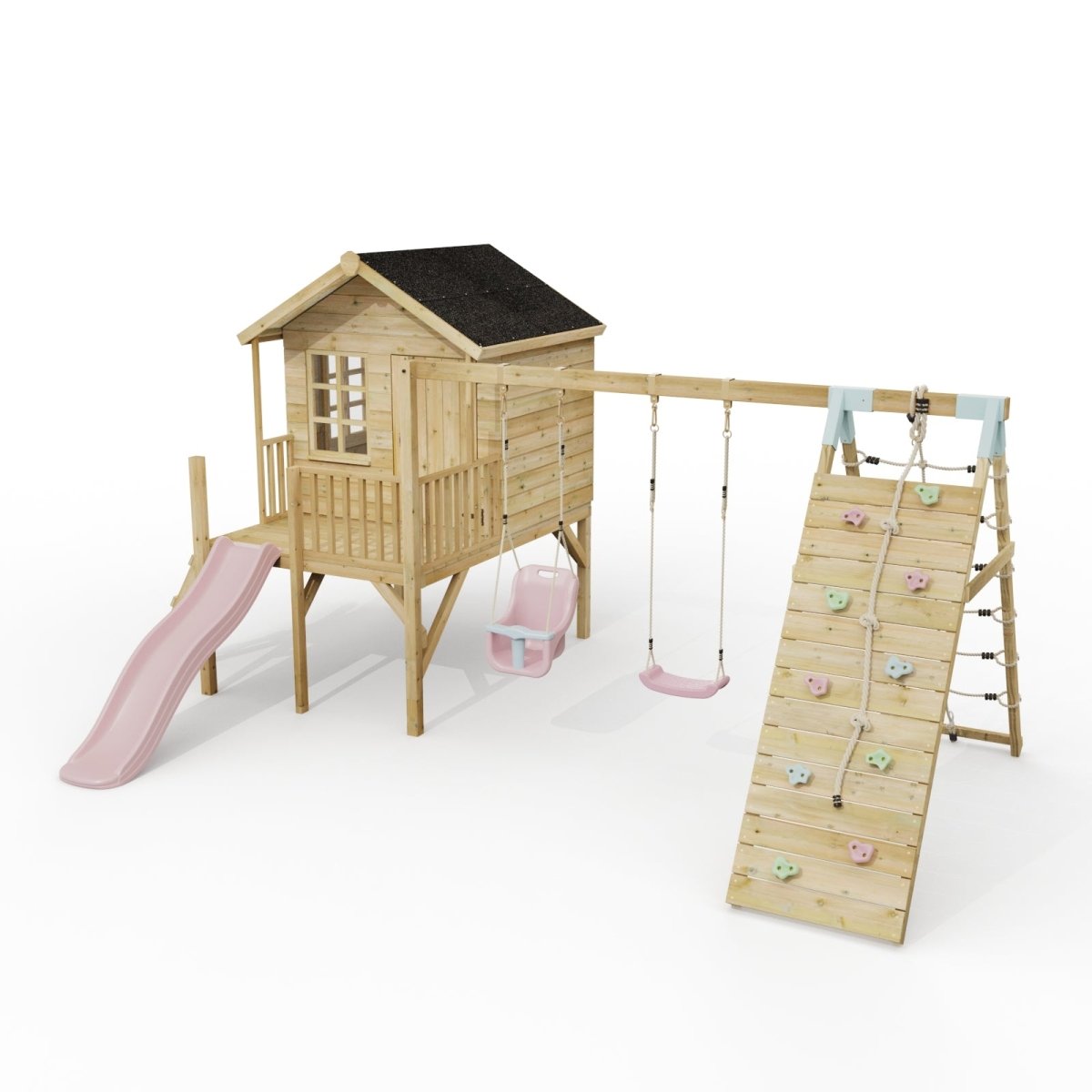 ClassicPlay Premium 5ft Playhouse on Deck with Double Swing, Slide and Climbing Wall
