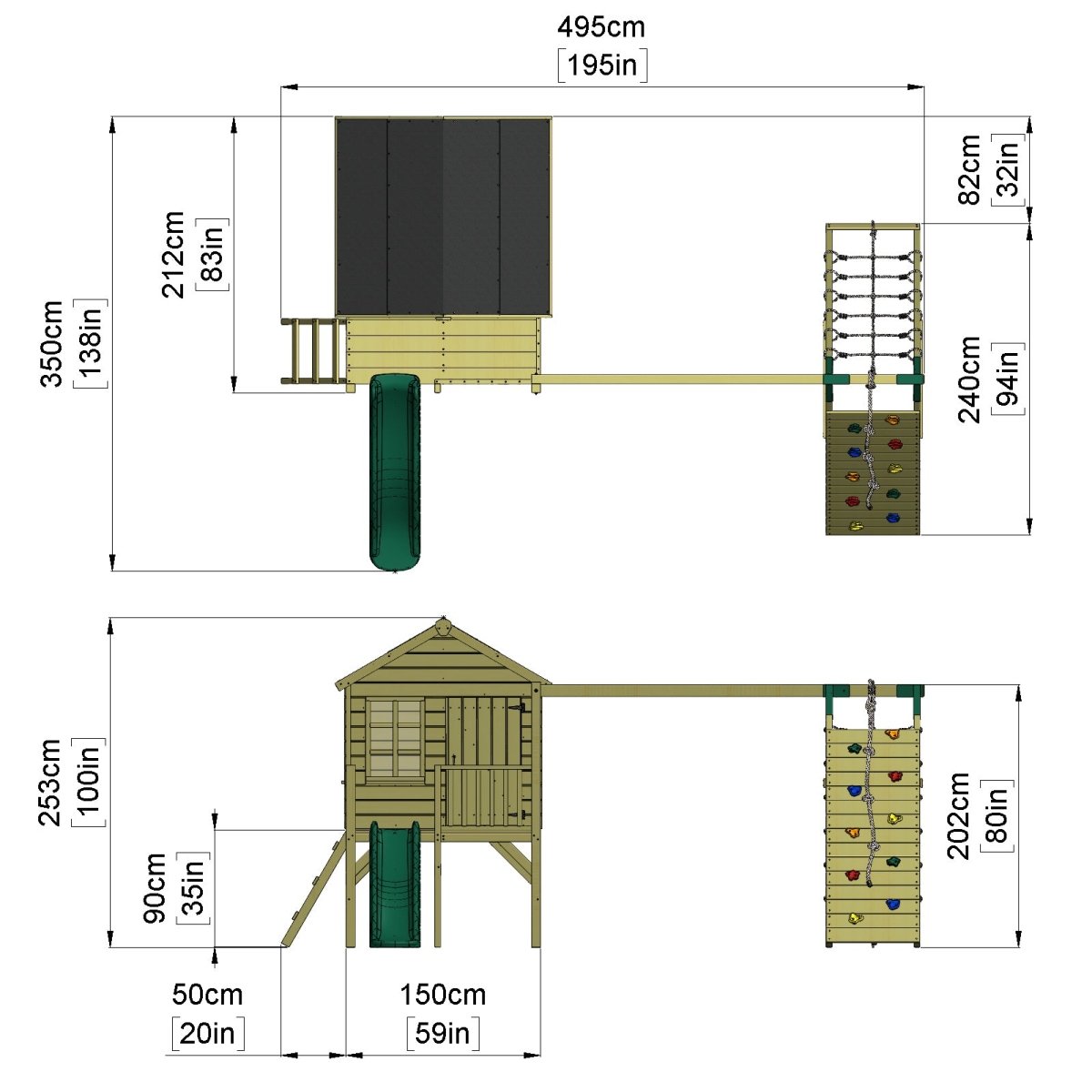 ClassicPlay Premium 5ft Playhouse on Deck with Double Swing, Slide and Climbing Wall