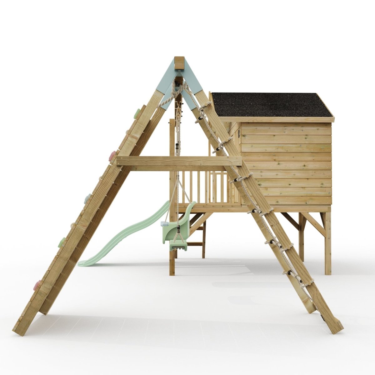 ClassicPlay Premium 5ft Playhouse on Deck with Double Swing, Slide and Climbing Wall