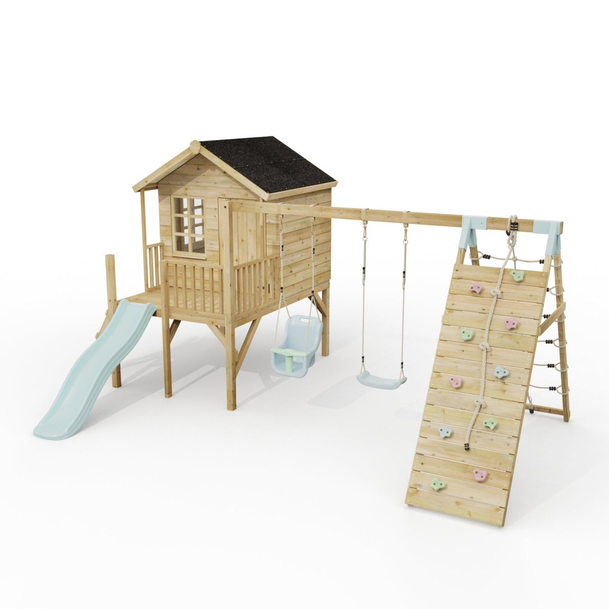 ClassicPlay Premium 5ft Playhouse on Deck with Double Swing, Slide and Climbing Wall
