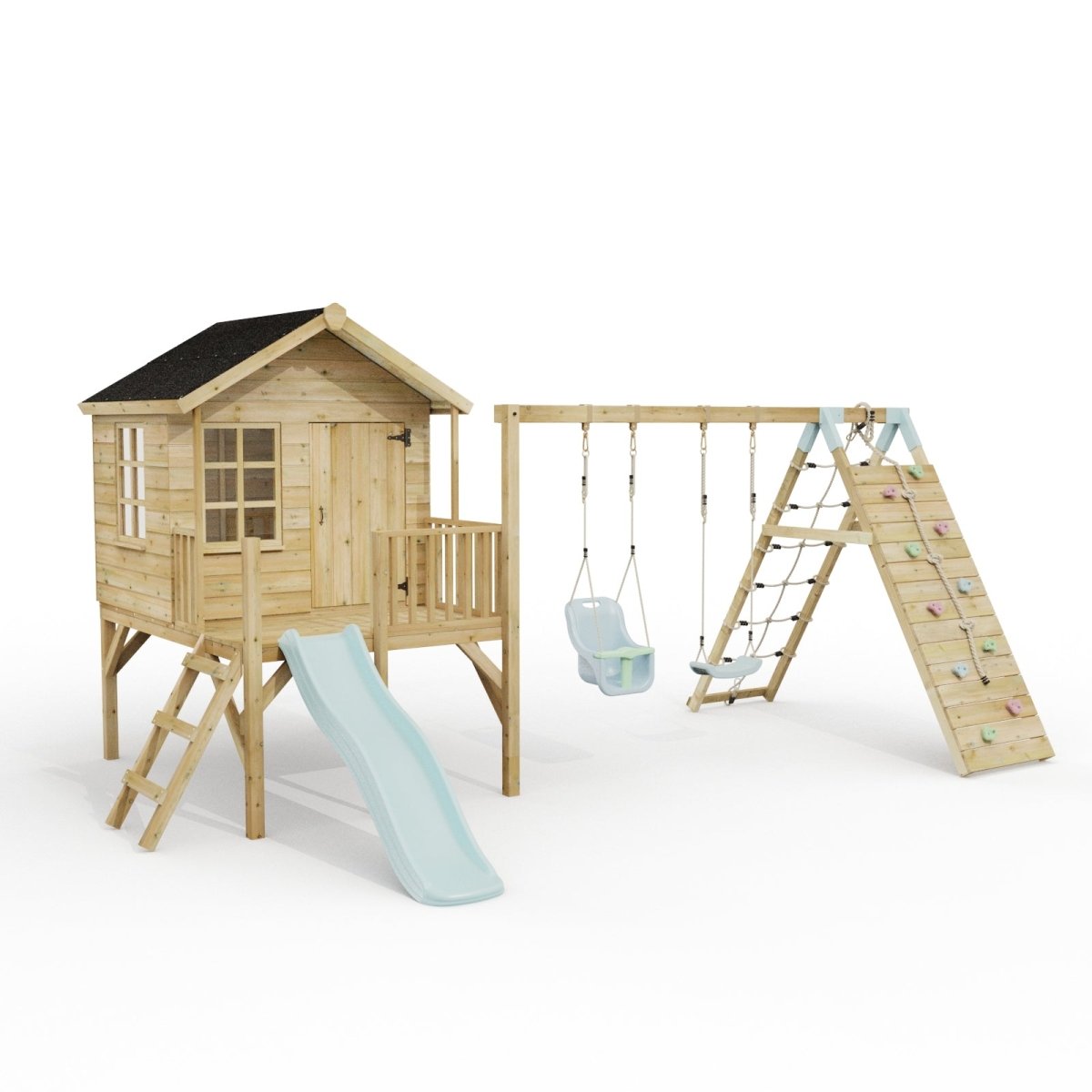ClassicPlay Premium 5ft Playhouse on Deck with Double Swing, Slide and Climbing Wall