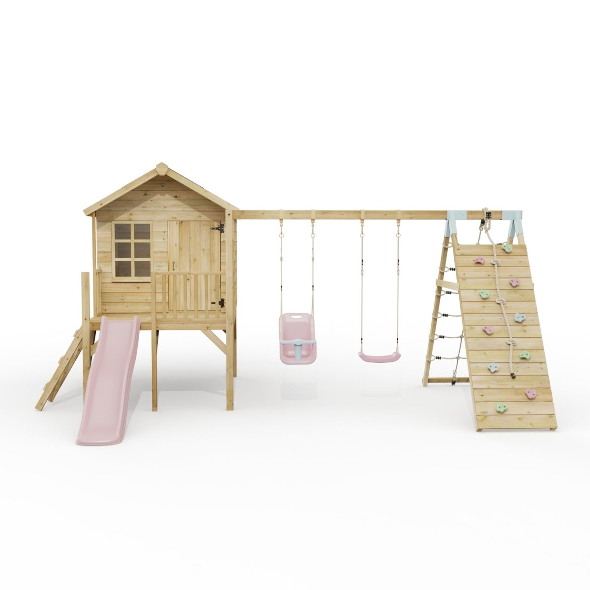 ClassicPlay Premium 5ft Playhouse on Deck with Double Swing, Slide and Climbing Wall
