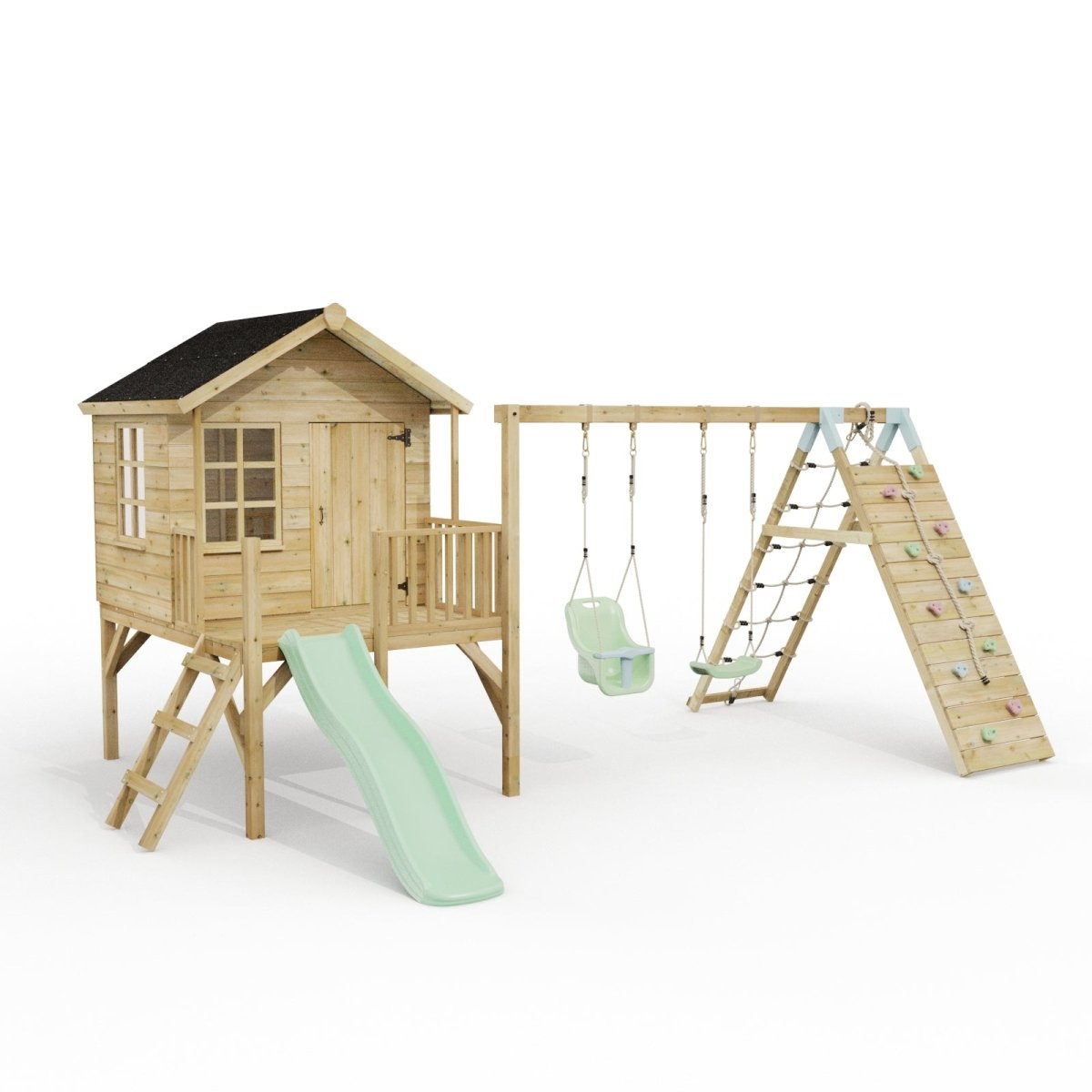 ClassicPlay Premium 5ft Playhouse on Deck with Double Swing, Slide and Climbing Wall