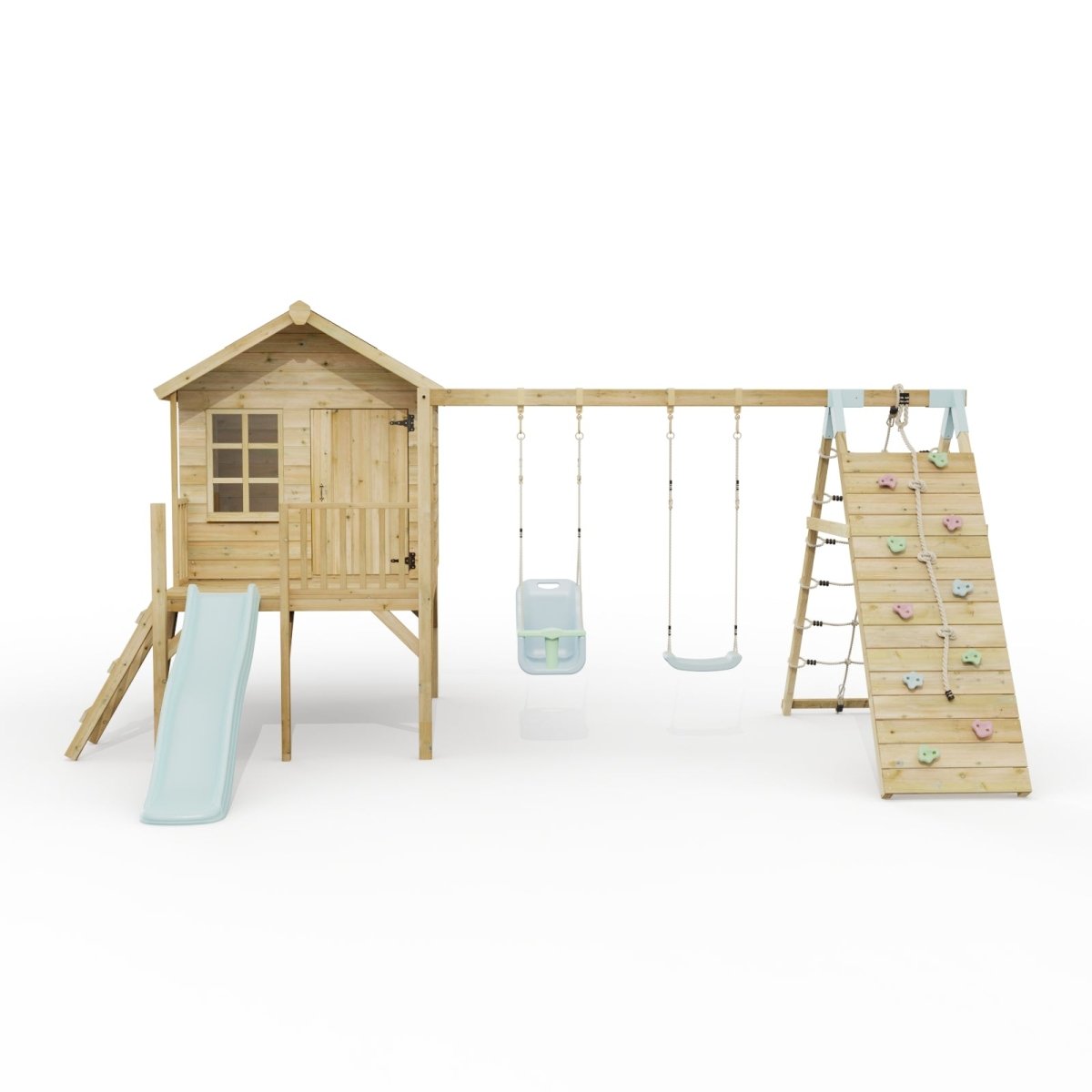 ClassicPlay Premium 5ft Playhouse on Deck with Double Swing, Slide and Climbing Wall