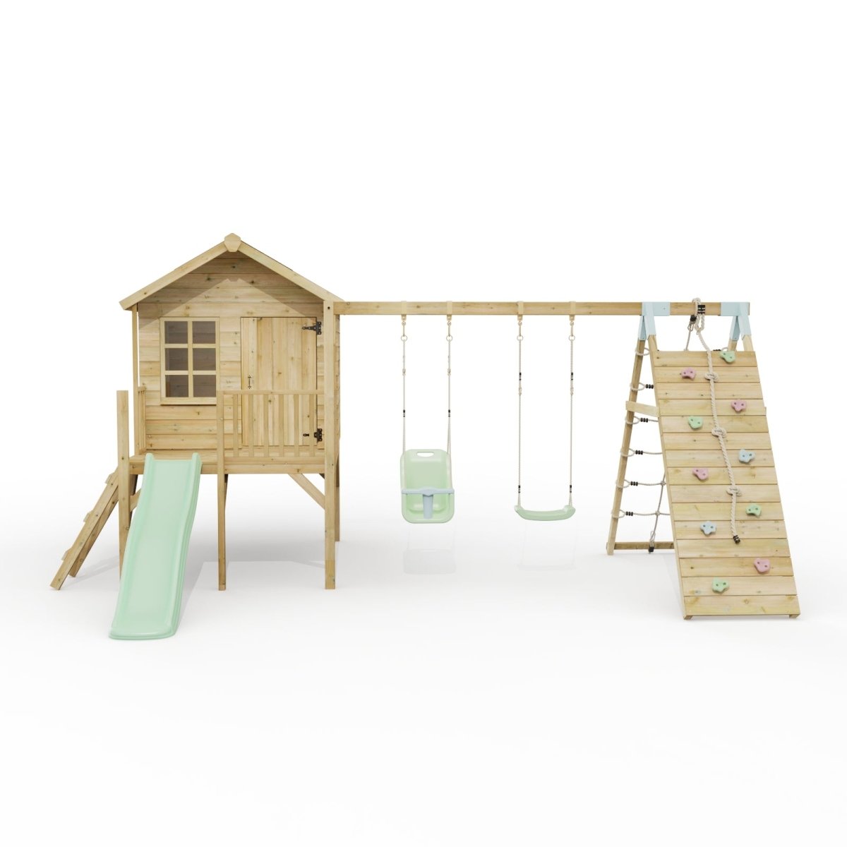 ClassicPlay Premium 5ft Playhouse on Deck with Double Swing, Slide and Climbing Wall