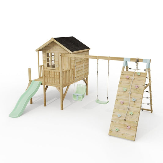 ClassicPlay Premium 5ft Playhouse on Deck with Double Swing, Slide and Climbing Wall