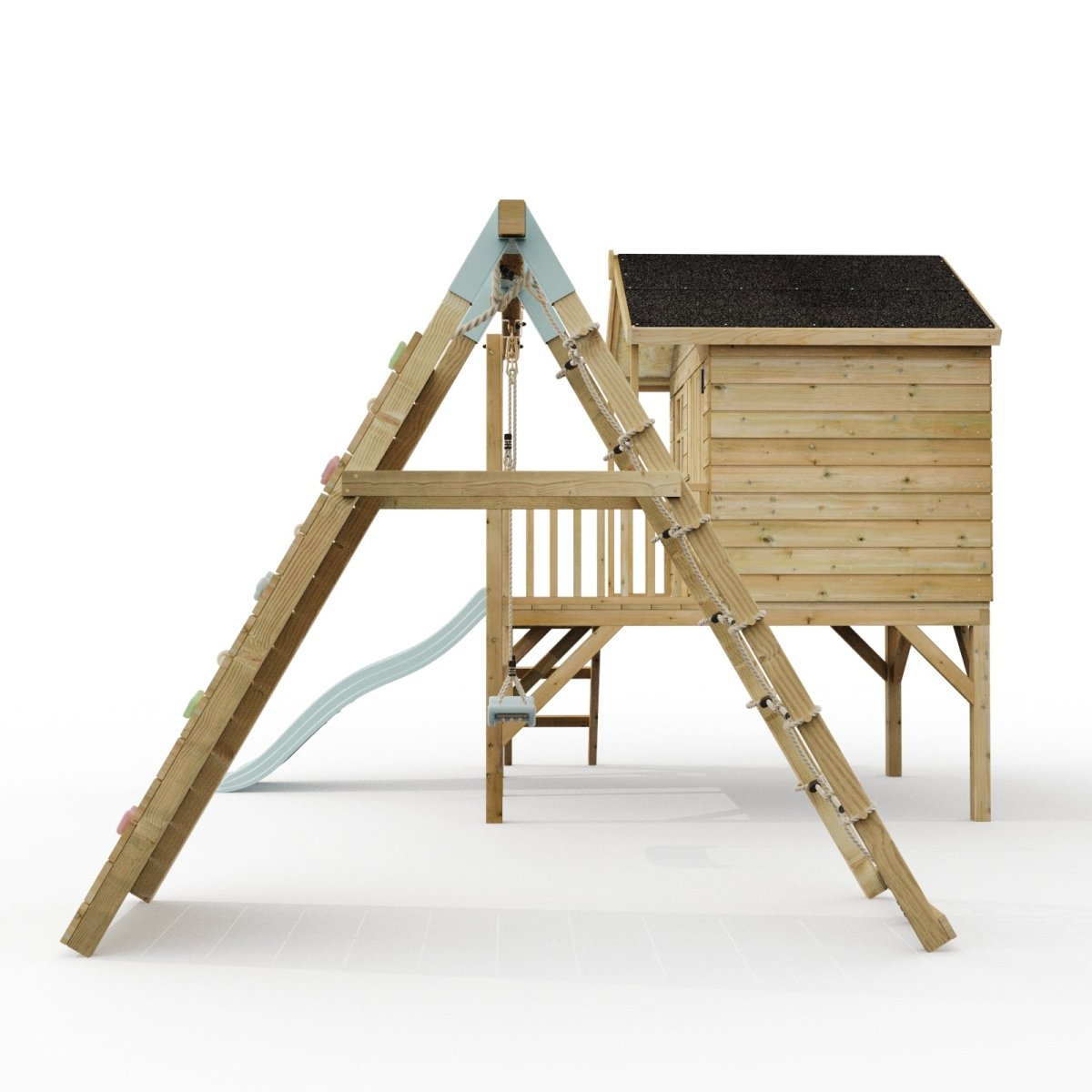 ClassicPlay Premium 5ft Playhouse on Deck with Single Swing, Slide and Climbing Wall