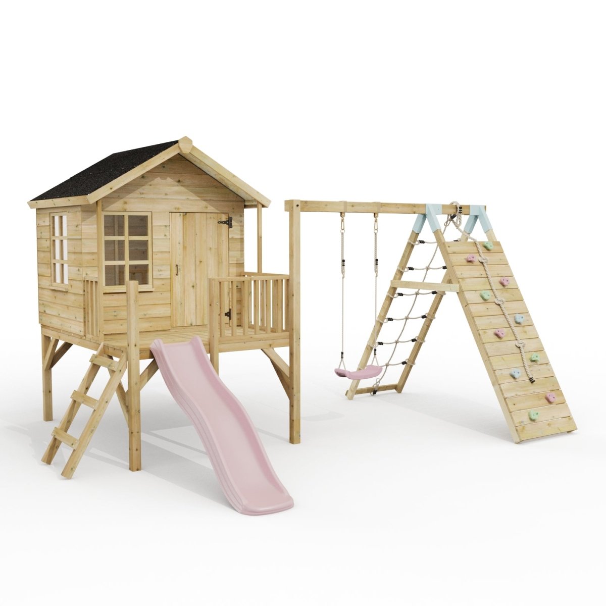 ClassicPlay Premium 5ft Playhouse on Deck with Single Swing, Slide and Climbing Wall