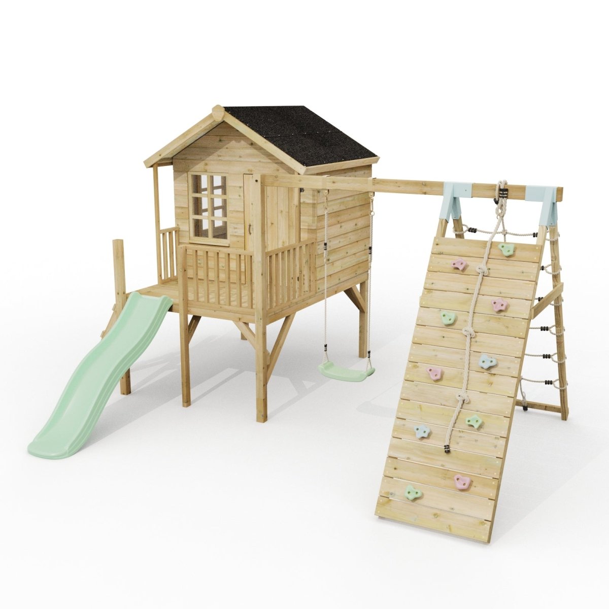 ClassicPlay Premium 5ft Playhouse on Deck with Single Swing, Slide and Climbing Wall