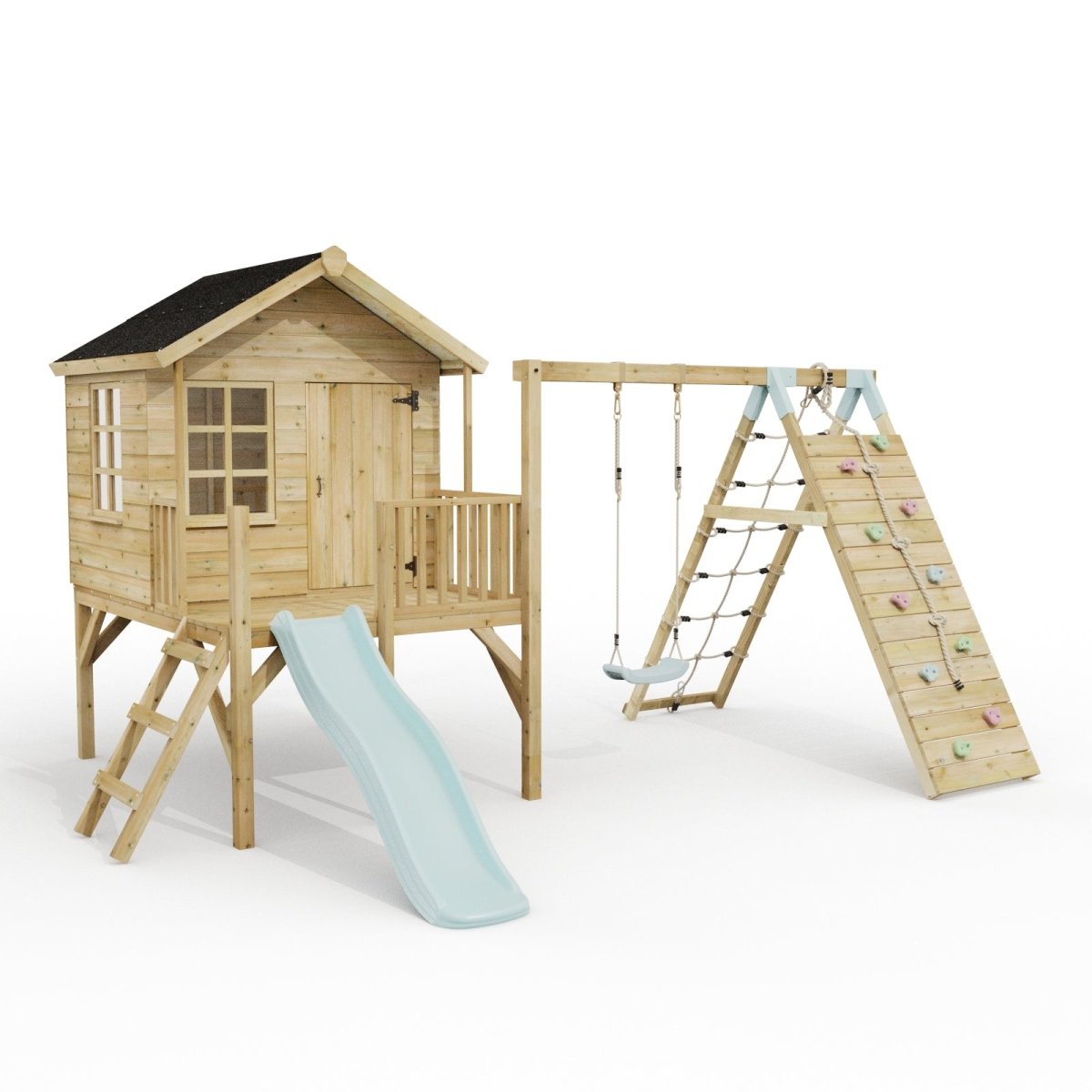 ClassicPlay Premium 5ft Playhouse on Deck with Single Swing, Slide and Climbing Wall