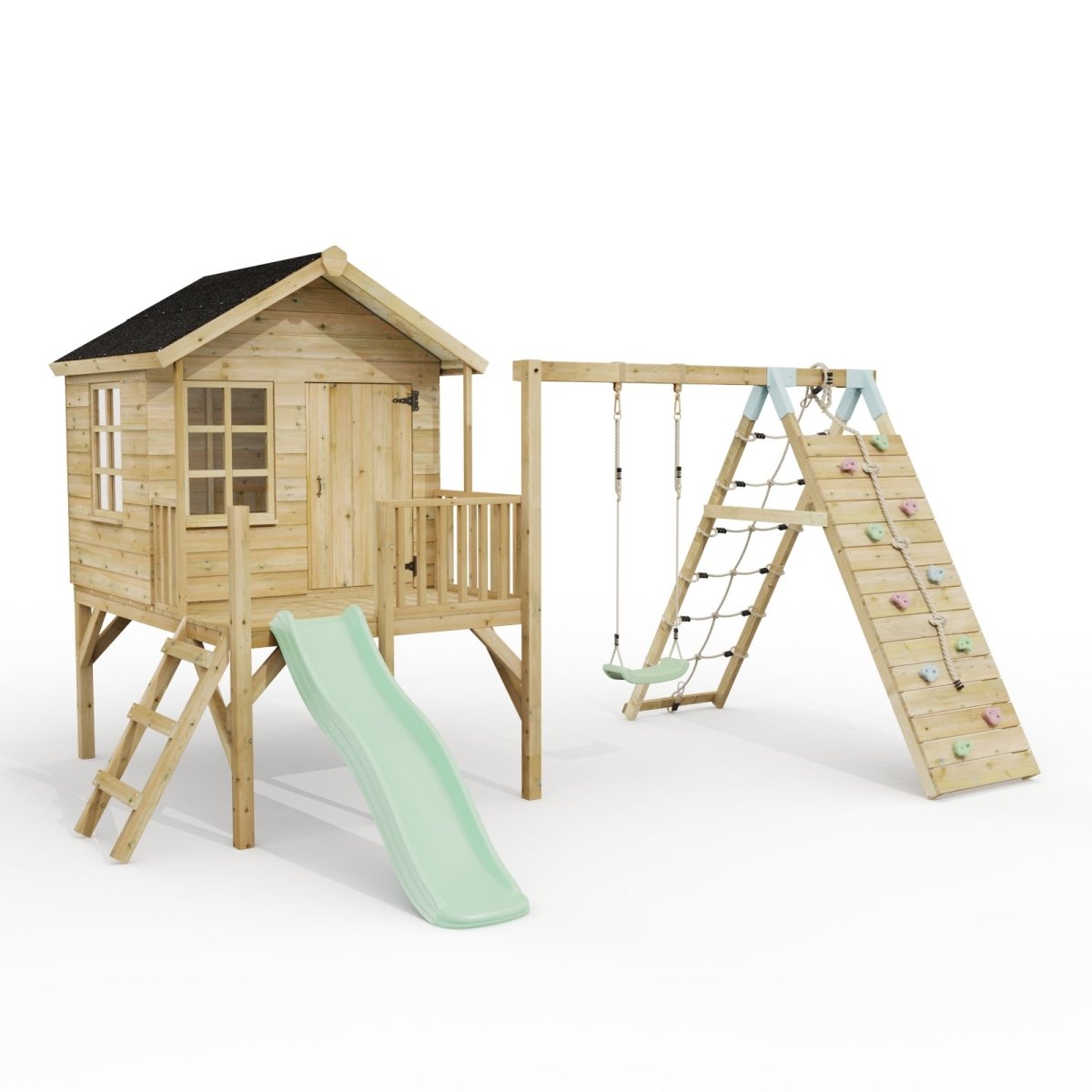 ClassicPlay Premium 5ft Playhouse on Deck with Single Swing, Slide and Climbing Wall