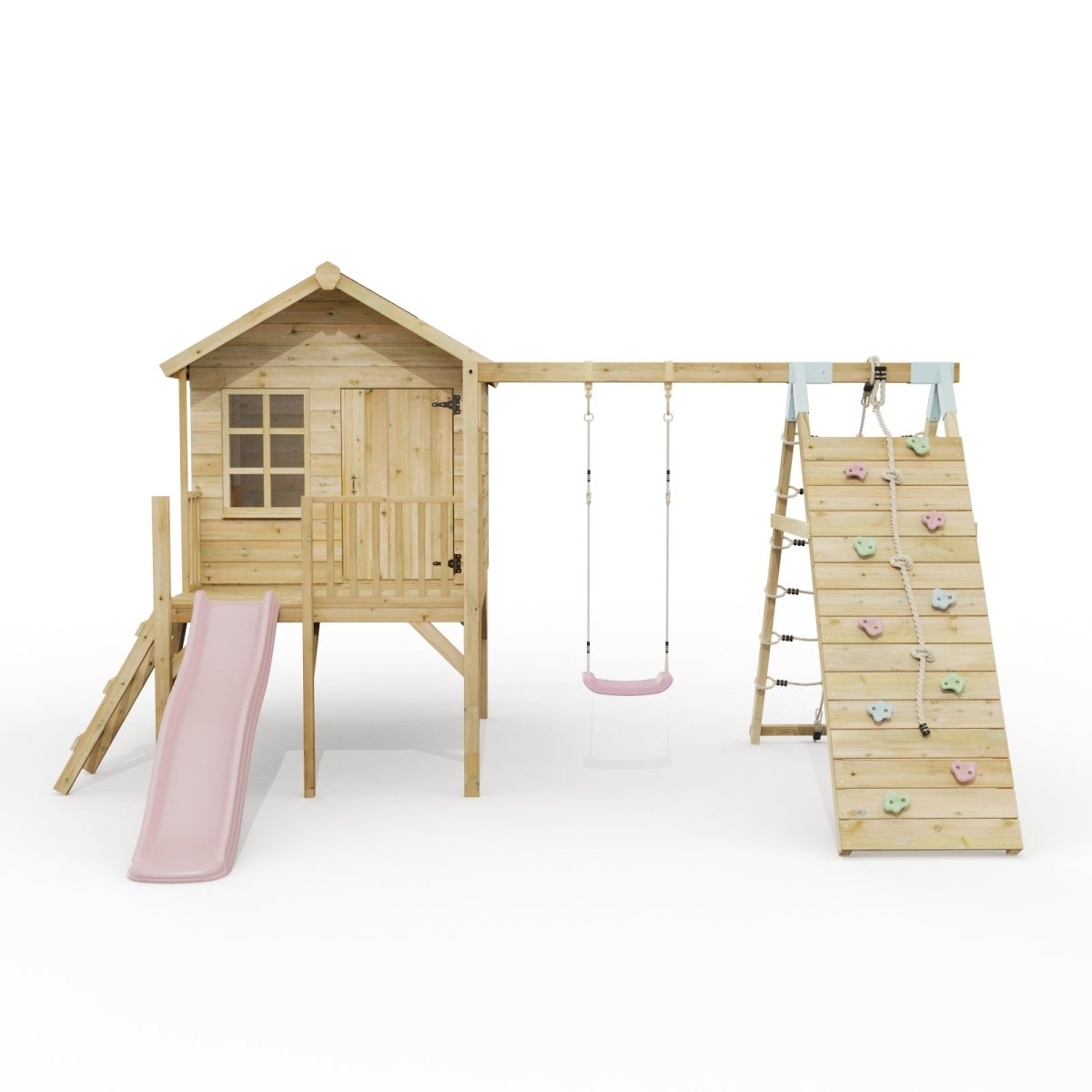 ClassicPlay Premium 5ft Playhouse on Deck with Single Swing, Slide and Climbing Wall