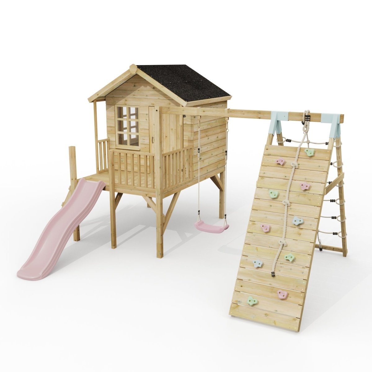 ClassicPlay Premium 5ft Playhouse on Deck with Single Swing, Slide and Climbing Wall