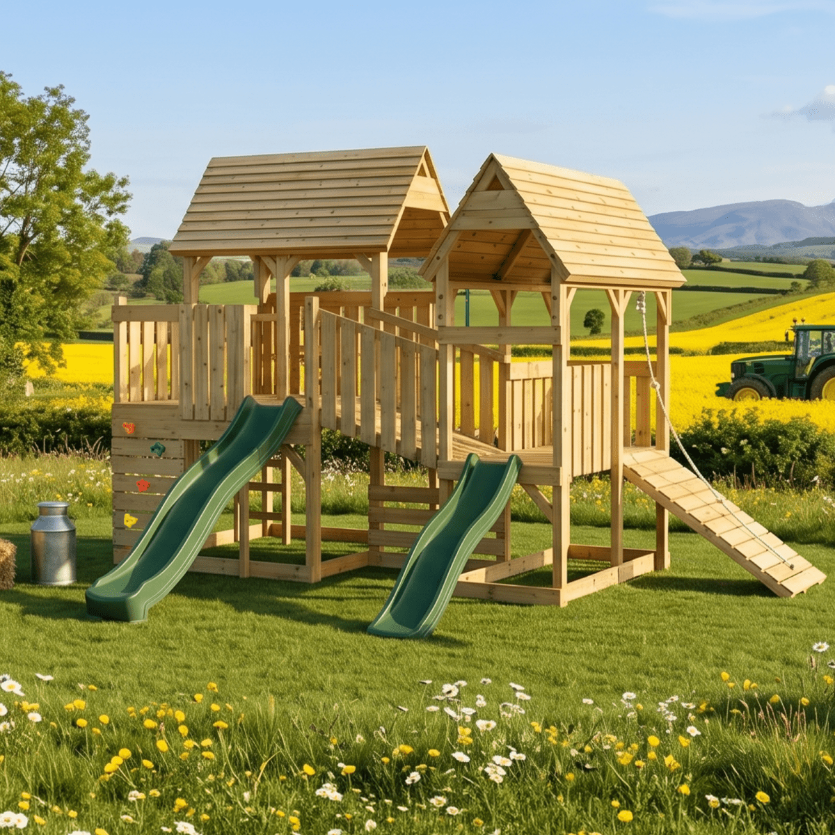 FarmPlay Hayloft and Mini Loft Climbing Frame with Bridge and Slides