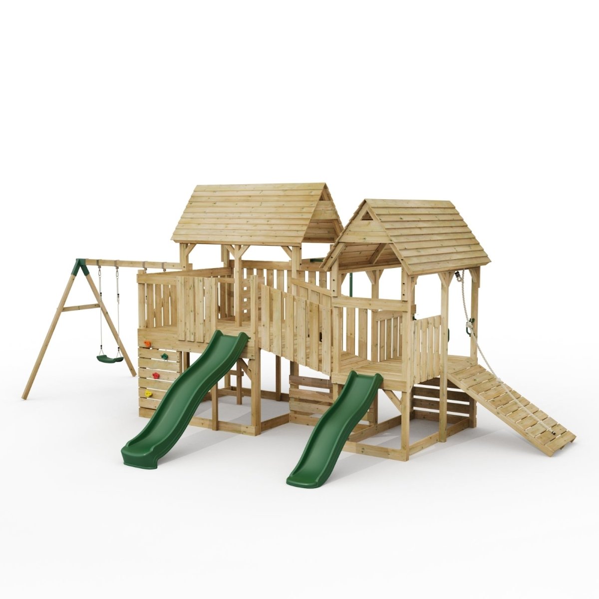 FarmPlay Hayloft and Mini Loft Climbing Frame with Double Swing, Bridge and Slides