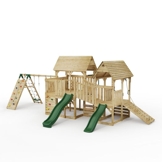 FarmPlay Hayloft and Mini Loft Climbing Frame with Double Swing, Climbing Wall, Bridge and Slides