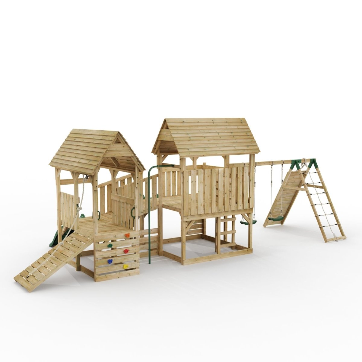 FarmPlay Hayloft and Mini Loft Climbing Frame with Double Swing, Climbing Wall, Bridge and Slides