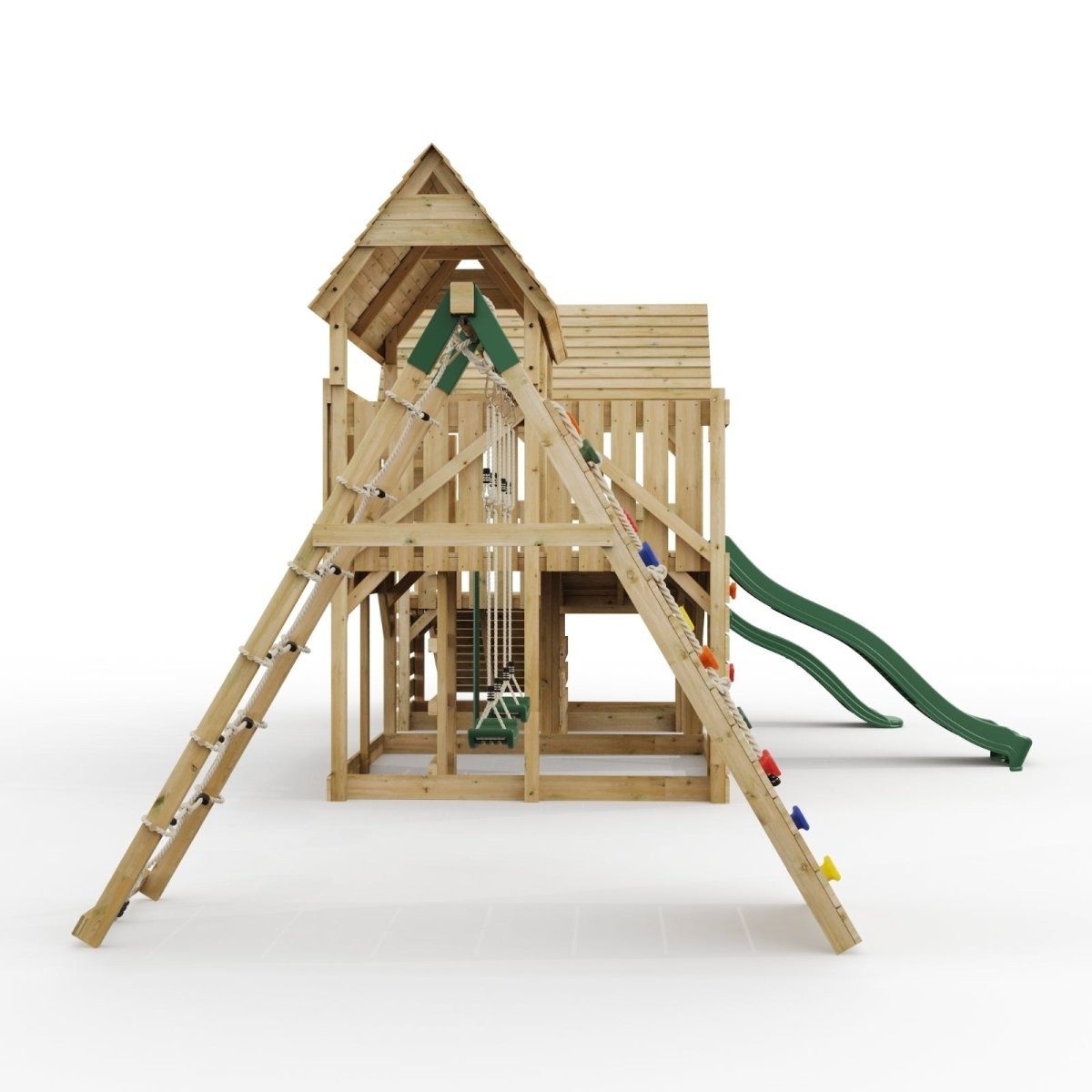 FarmPlay Hayloft and Mini Loft Climbing Frame with Double Swing, Climbing Wall, Bridge and Slides