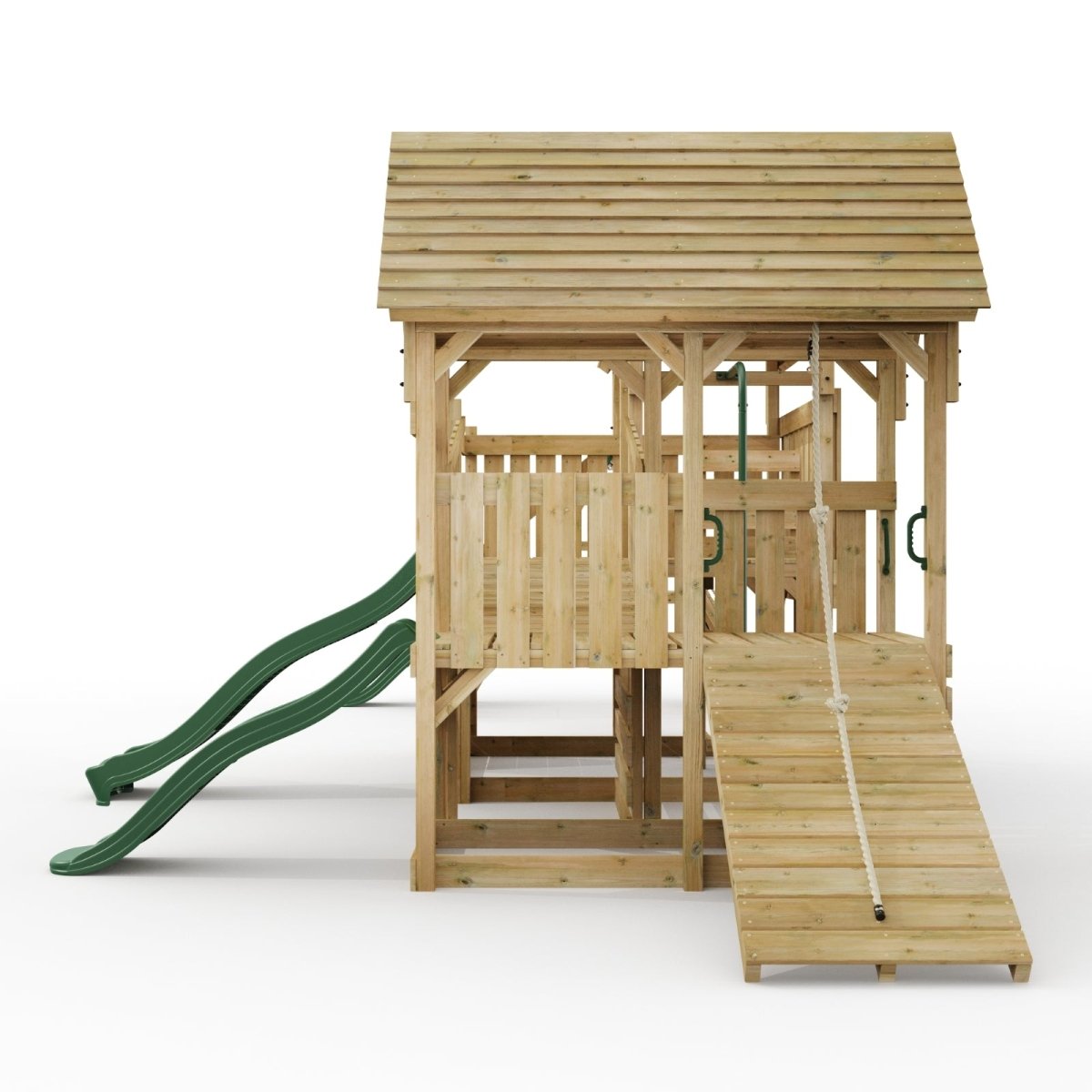 FarmPlay Hayloft and Mini Loft Climbing Frame with Double Swing, Climbing Wall with Deck, Bridge and Slides