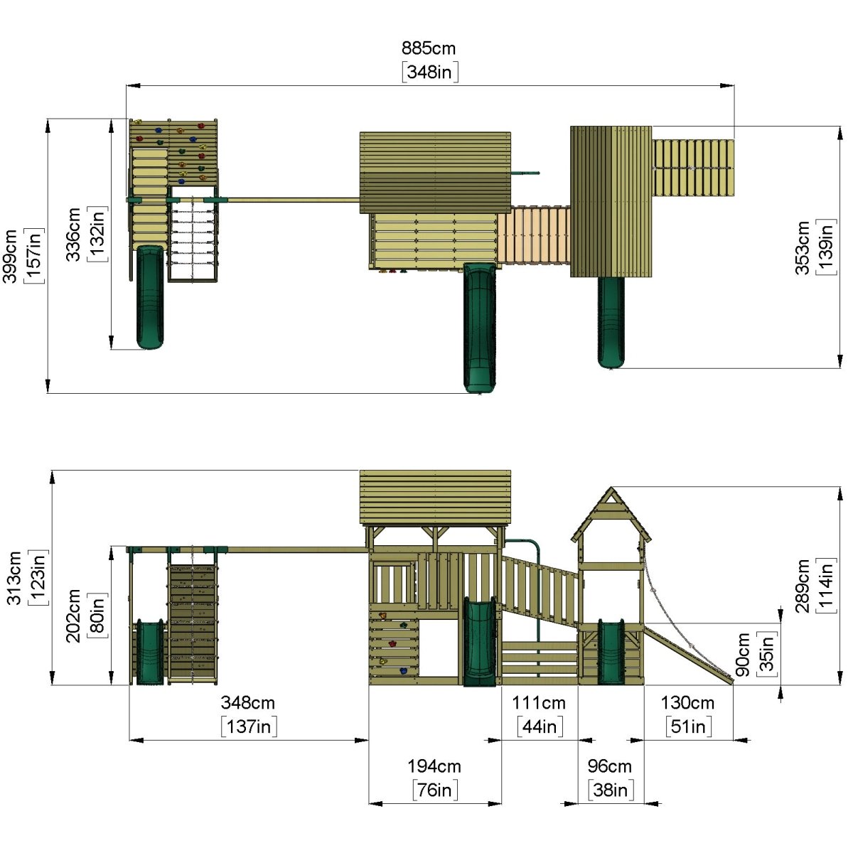 FarmPlay Hayloft and Mini Loft Climbing Frame with Double Swing, Climbing Wall with Deck, Bridge and Slides