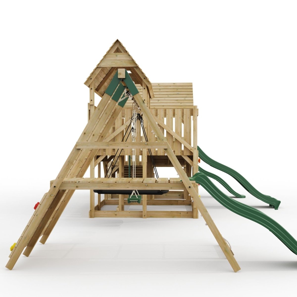 FarmPlay Hayloft and Mini Loft Climbing Frame with Double Swing, Climbing Wall with Deck, Bridge and Slides