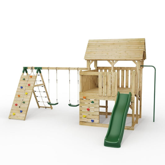 FarmPlay Hayloft Climbing Frame with Double Swing, Climbing Wall and Slide