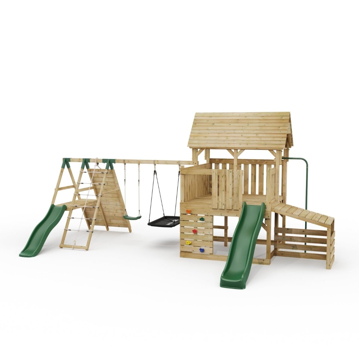 FarmPlay Hayloft Climbing Frame with Double Swing, Climbing Wall with Deck, Lean To and Slides