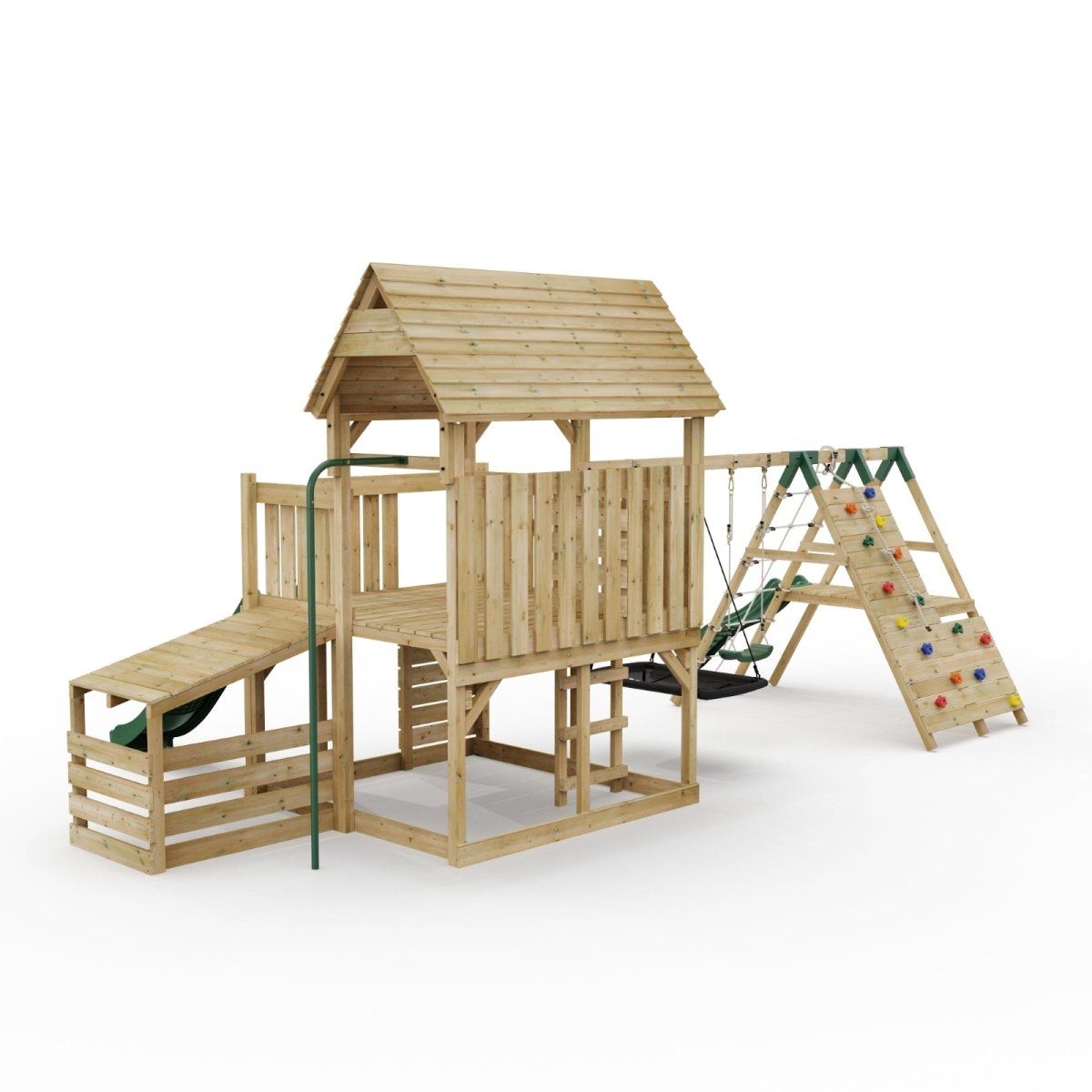 FarmPlay Hayloft Climbing Frame with Double Swing, Climbing Wall with Deck, Lean To and Slides