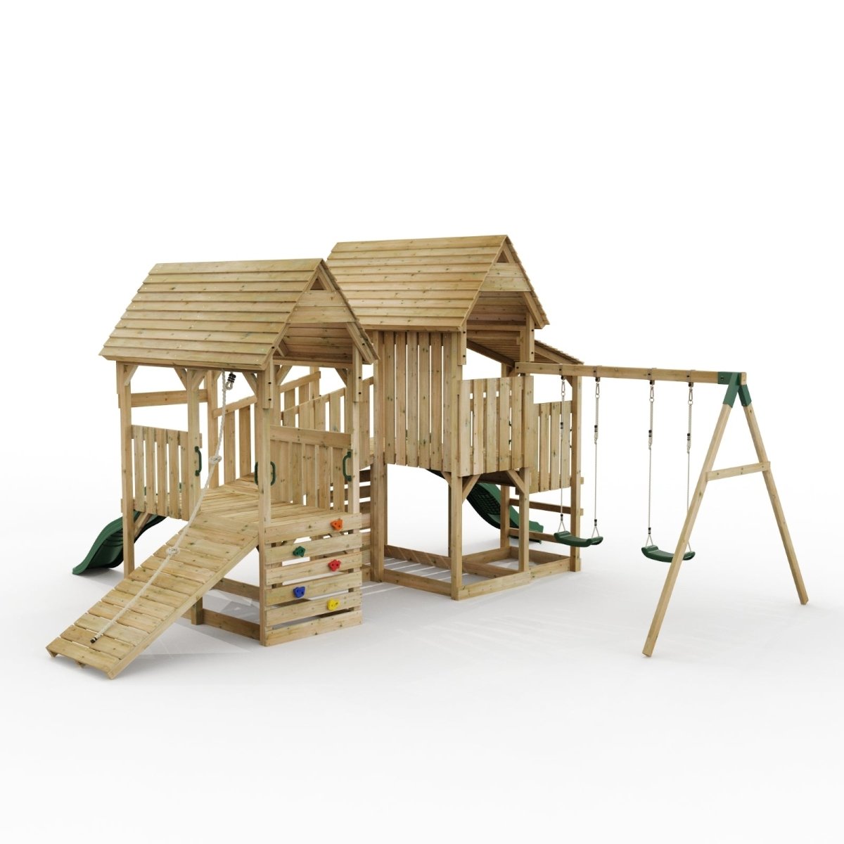 FarmPlay Stable and Mini Loft Climbing Frame with Double Swing, Bridge and Slides
