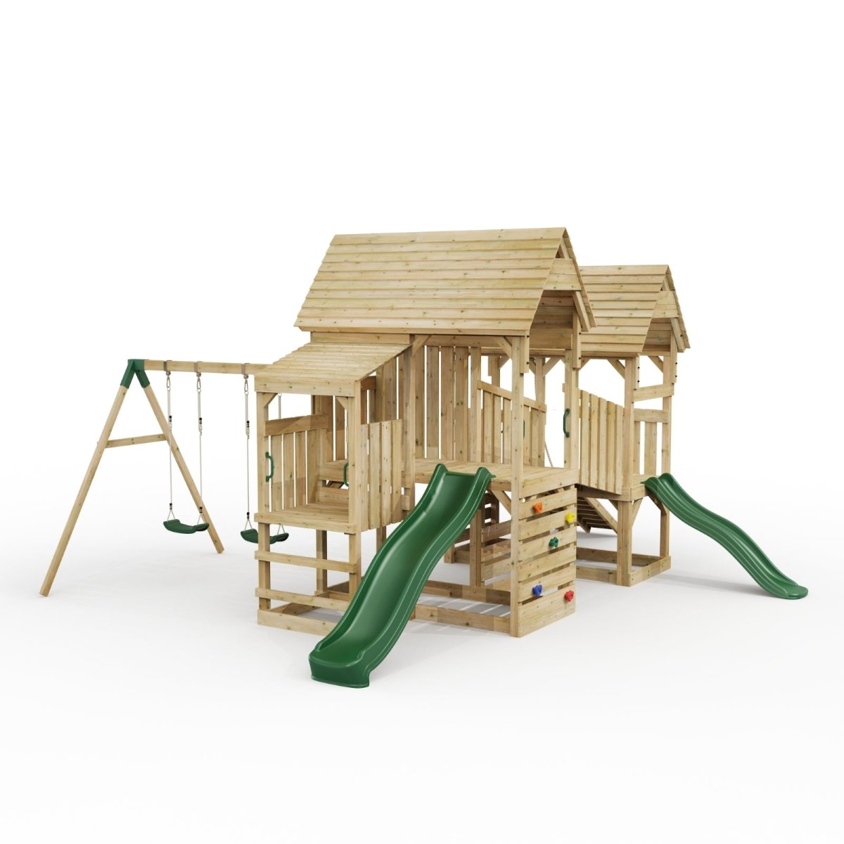FarmPlay Stable and Mini Loft Climbing Frame with Double Swing, Bridge and Slides