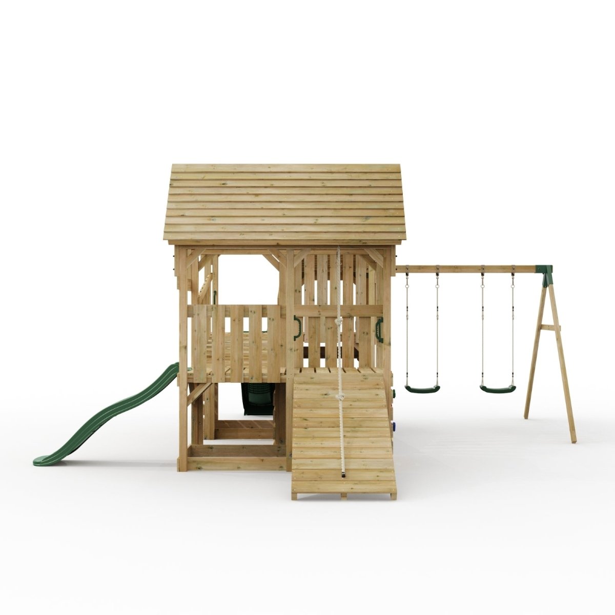 FarmPlay Stable and Mini Loft Climbing Frame with Double Swing, Bridge and Slides
