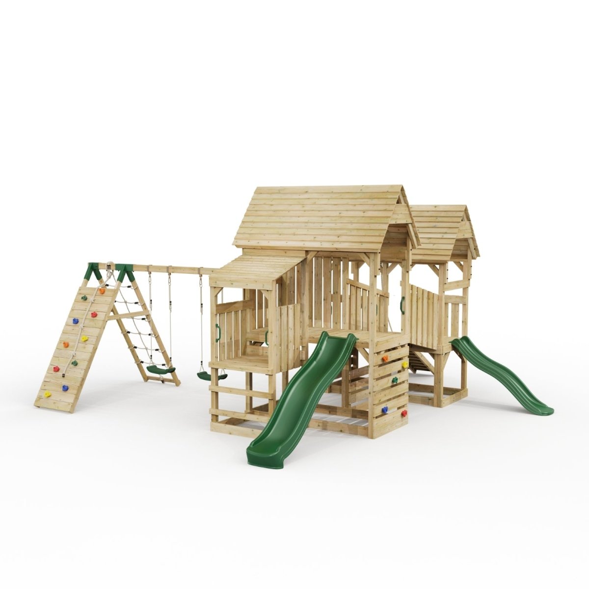 FarmPlay Stable and Mini Loft Climbing Frame with Double Swing, Climbing Wall, Bridge and Slides