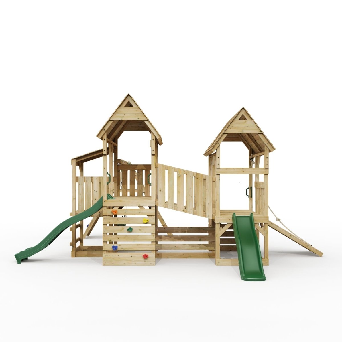 FarmPlay Stable and Mini Loft Climbing Frame with Double Swing, Climbing Wall, Bridge and Slides