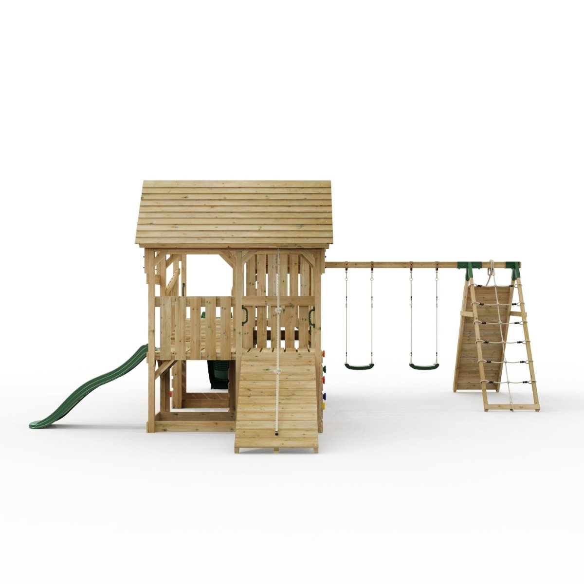 FarmPlay Stable and Mini Loft Climbing Frame with Double Swing, Climbing Wall, Bridge and Slides