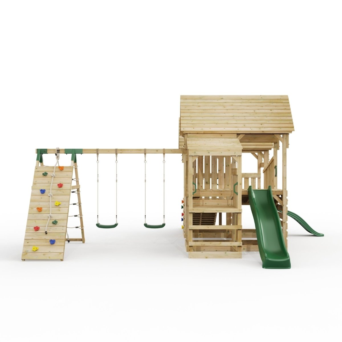 FarmPlay Stable and Mini Loft Climbing Frame with Double Swing, Climbing Wall, Bridge and Slides