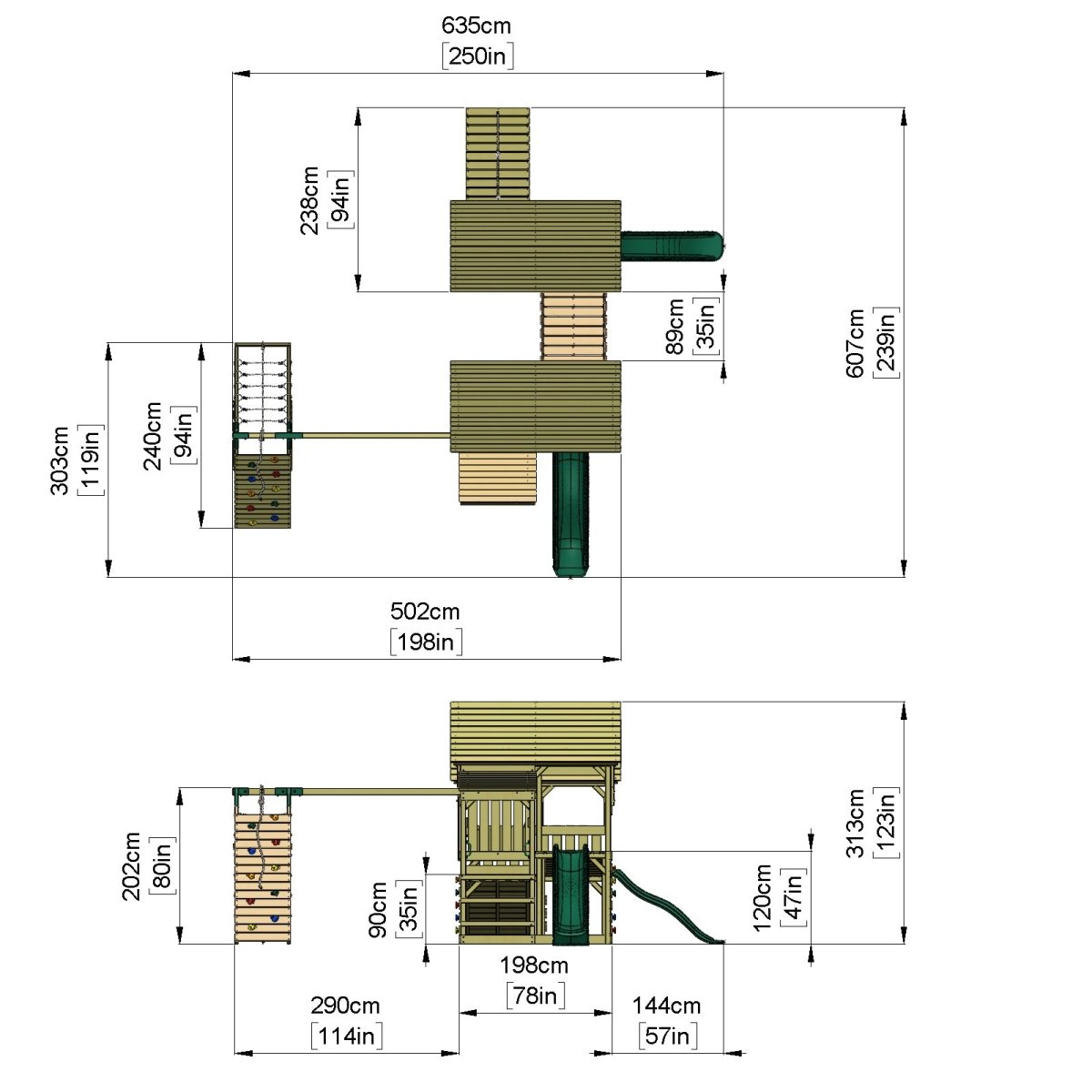 FarmPlay Stable and Mini Loft Climbing Frame with Double Swing, Climbing Wall, Bridge and Slides