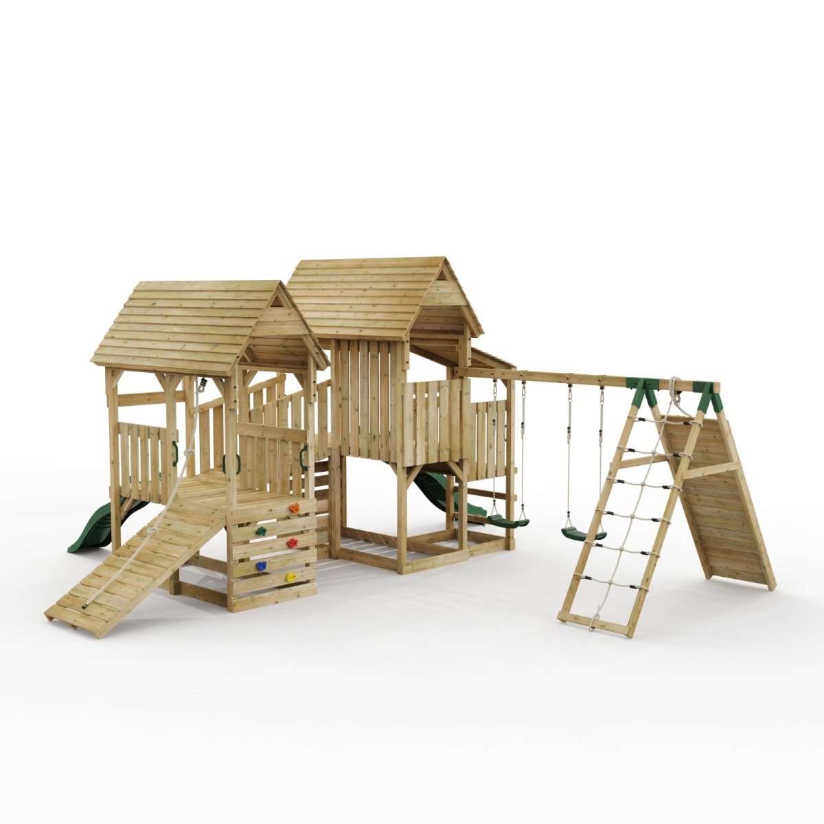 FarmPlay Stable and Mini Loft Climbing Frame with Double Swing, Climbing Wall, Bridge and Slides