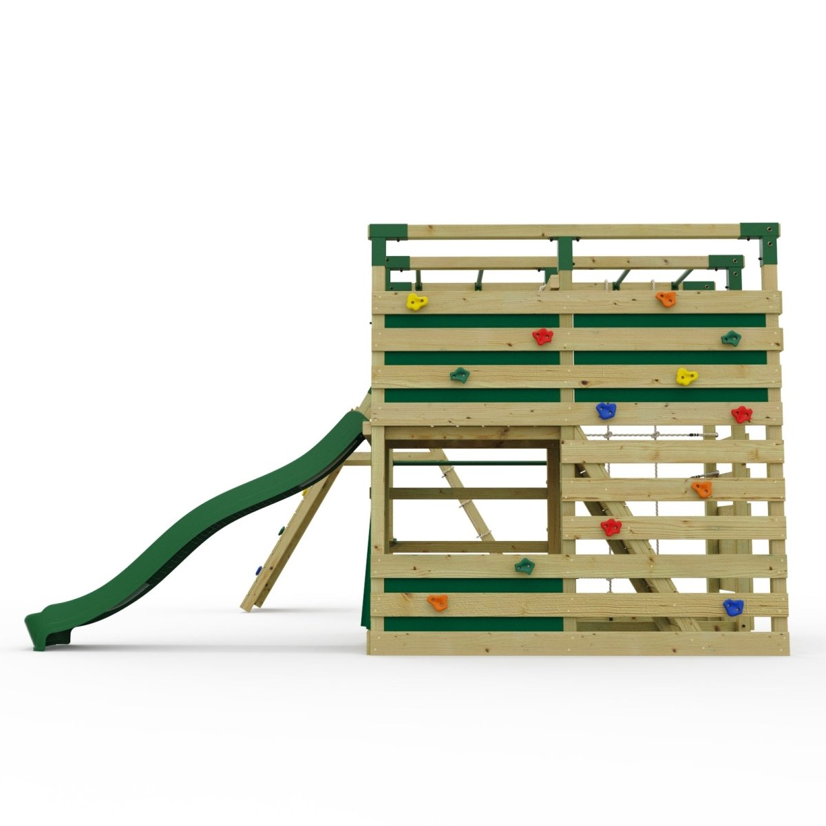 NinjaPlay Climbing Frame Double Swing Set with Climbing Wall and Slide