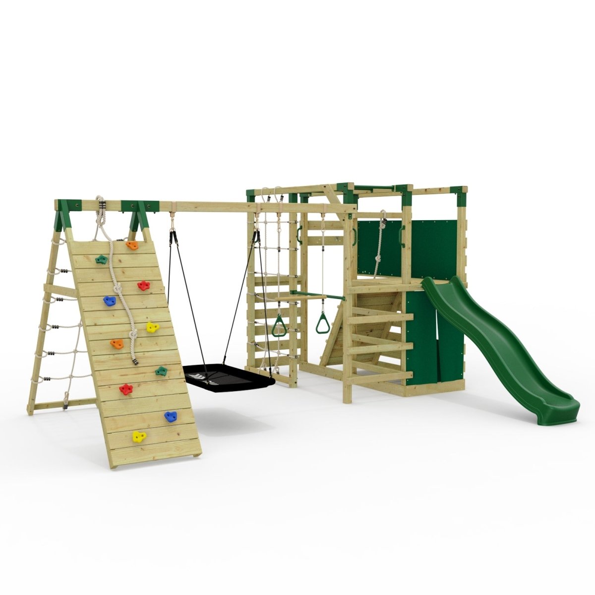 NinjaPlay Climbing Frame Double Swing Set with Climbing Wall and Slide
