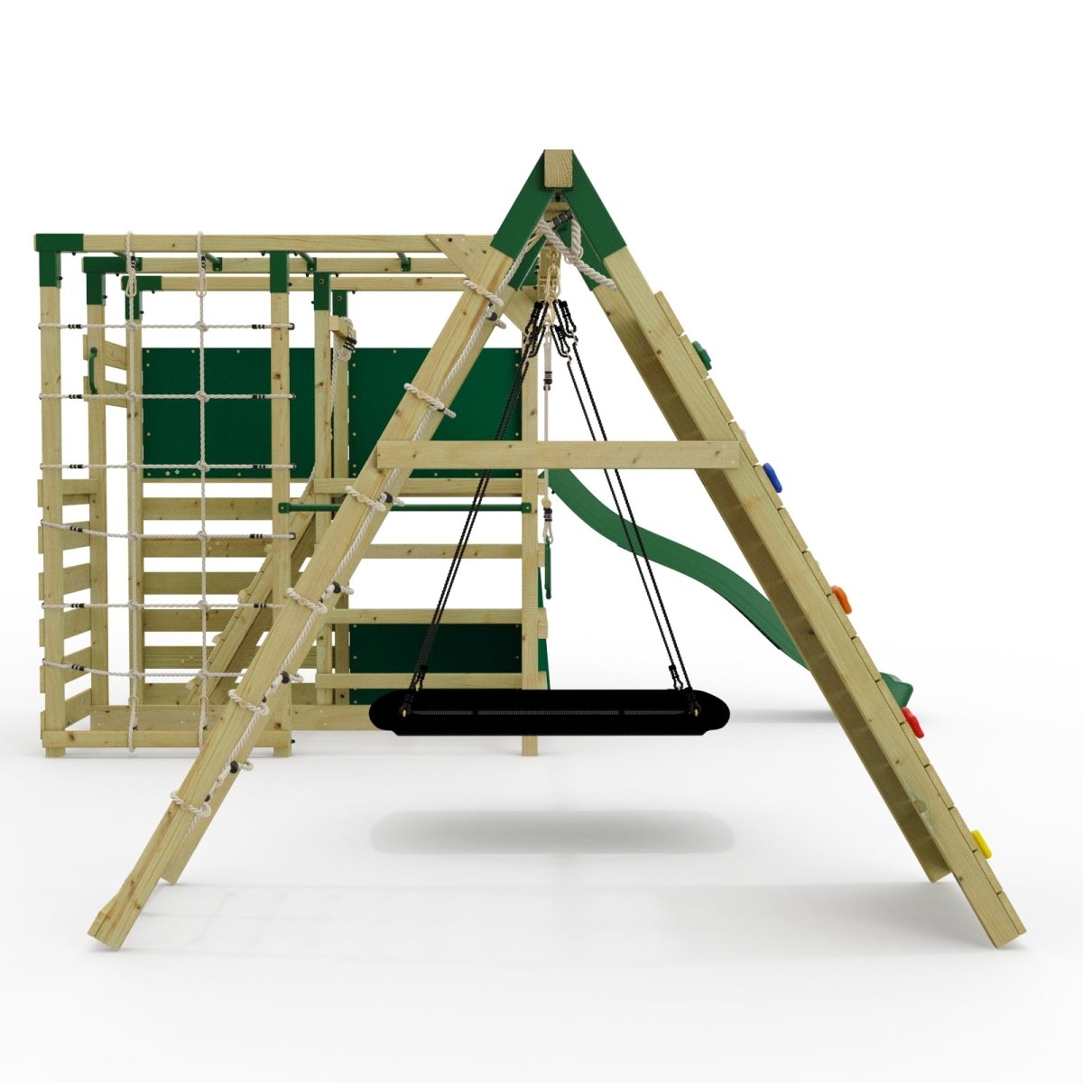 NinjaPlay Climbing Frame Double Swing Set with Climbing Wall and Slide