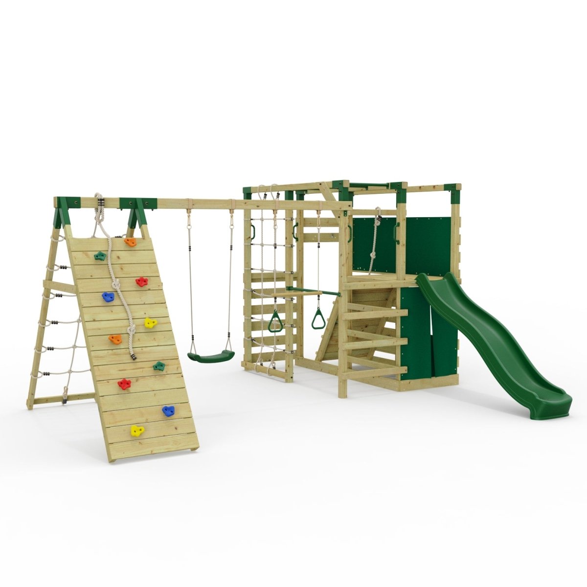 NinjaPlay Climbing Frame Double Swing Set with Climbing Wall and Slide